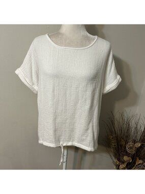 Liz Claiborne Women Textured White Cuffed Short Sleeve Blouse Top Drawstring M